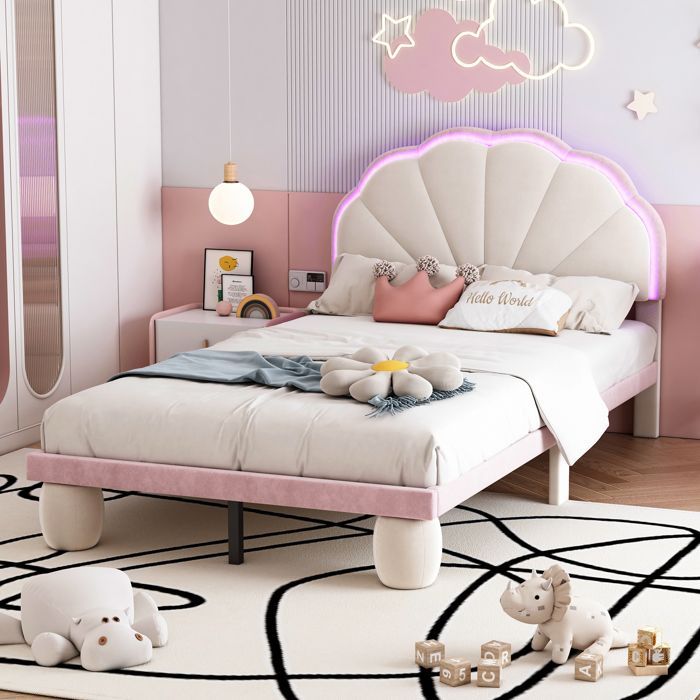 Cama de solteiro - SINGULARITY - Cama estofada 90x200 cm - Cabeceira recortada e capitonê - LED multicolorido - Veludo bege e rosa