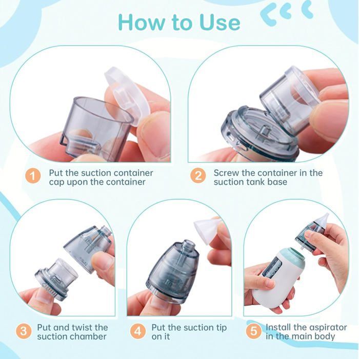 Aspirador nasal para bebés, aspirador nasal para bebés con 3 niveles de succión, aspirador nasal eléctrico para bebés con 4 boquillas de succión reutilizables