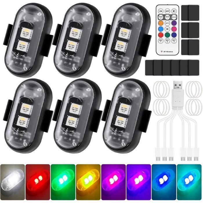 Set di 6 luci stroboscopiche a LED wireless a 8 colori con telecomando - Ricaricabili tramite USB, anticollisione per auto, moto e camion