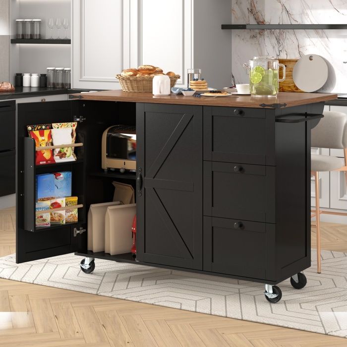 Carrinho de Cozinha - TKOPY - Ilha de Cozinha Extensível com Rodízios, 3 Gavetas e 2 Portas - 140x73x92,5cm - Preto