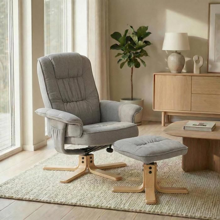 Sillón reclinable CHARLY con reposapiés, otomana, asiento giratorio, respaldo reclinable y asiento acolchado, en tela gris.