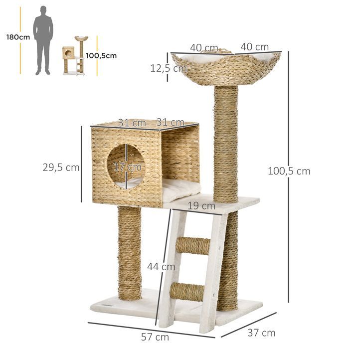 Tiragraffi per gatti - PawHut - tiragraffi alto 100,5 cm, con cuscini, scaletta, centro attività - tifa - legno