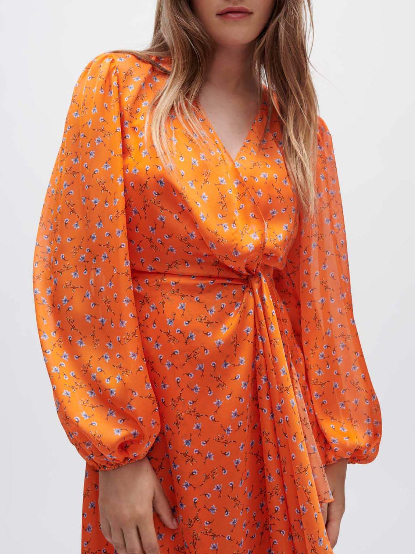Satijnen jurk met bloemenprint - Oranje