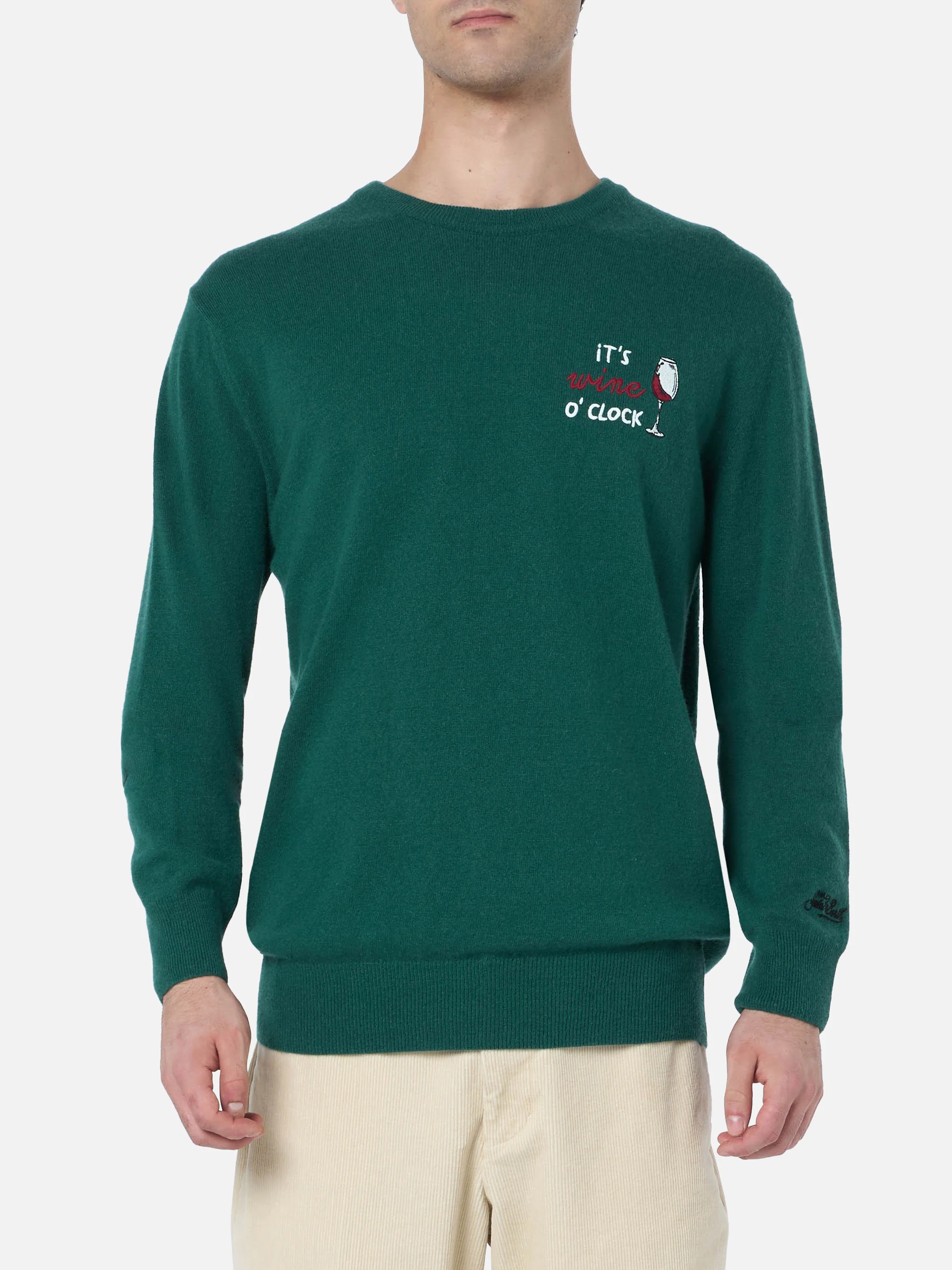 Heron Men's Green Crew-Neck Sweater | 'It's Wine O'Clock' Embroidery | Ribbed Collar, Cuffs, and Hem, Logo Embroidery, Regular Fit | MC2 Saint Barth