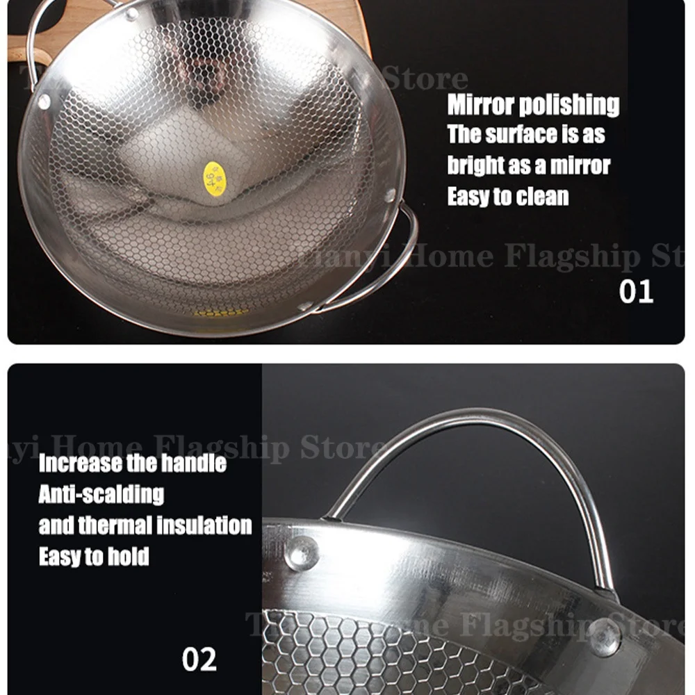 Poêle à frire antiadhésive en acier inoxydable de 25 cm, type wok à fruits de mer, avec revêtement nid d'abeille. Idéale pour la cuisine à la maison, avec une plaque de cuisson à gaz.