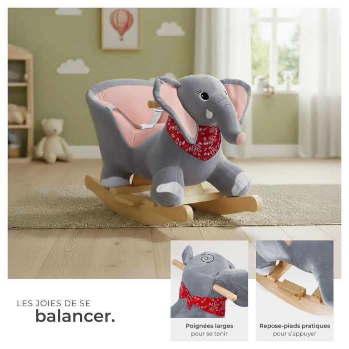 Juguete mecedor - TECTAKE - Elefante mecedor de peluche para niños de 12 meses en adelante con efectos de sonido 33 x 63 x 45,5 cm - Gris