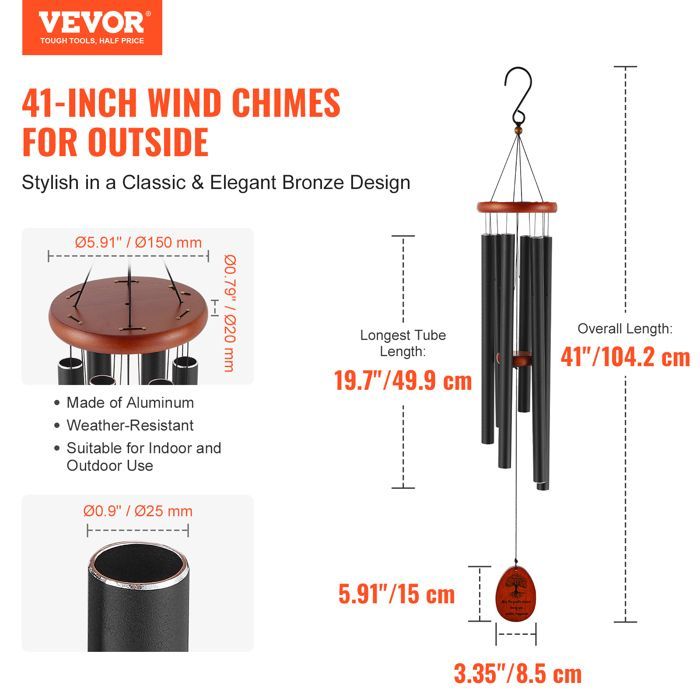 Campana de viento para exteriores VEVOR - 1042 mm - Campana de viento de tono profundo con 6 tubos - para patio, porche, jardín y patio trasero