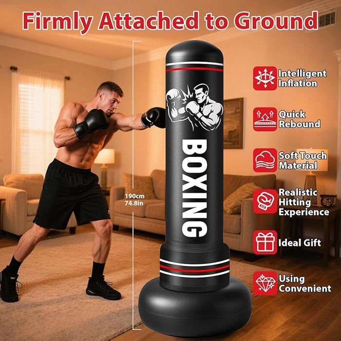 Sacco da boxe gonfiabile per adulti da 190 cm con guantoni e pompa ad aria, sacco da boxe autoportante per bambini, per MMA, Karate e Fitness