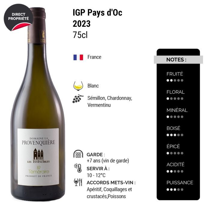 Domaine La Provenquière Pays d'Oc Les Invincibles Le Téméraire 2023 - Vinho Branco de Languedoc-Roussillon (6 x 75cl) HVE