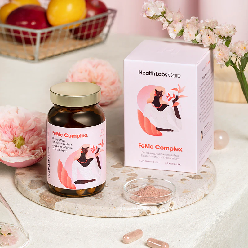 Cápsulas do suplemento alimentar Health Labs Care FeMe Complex para auxiliar na formação adequada de glóbulos vermelhos e hemoglobina.