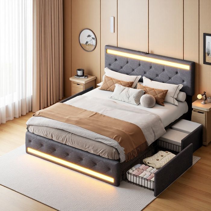 Cama doble de 140x190 cm - TANANT - 4 cajones - Tela de lino - LED y USB integrados
