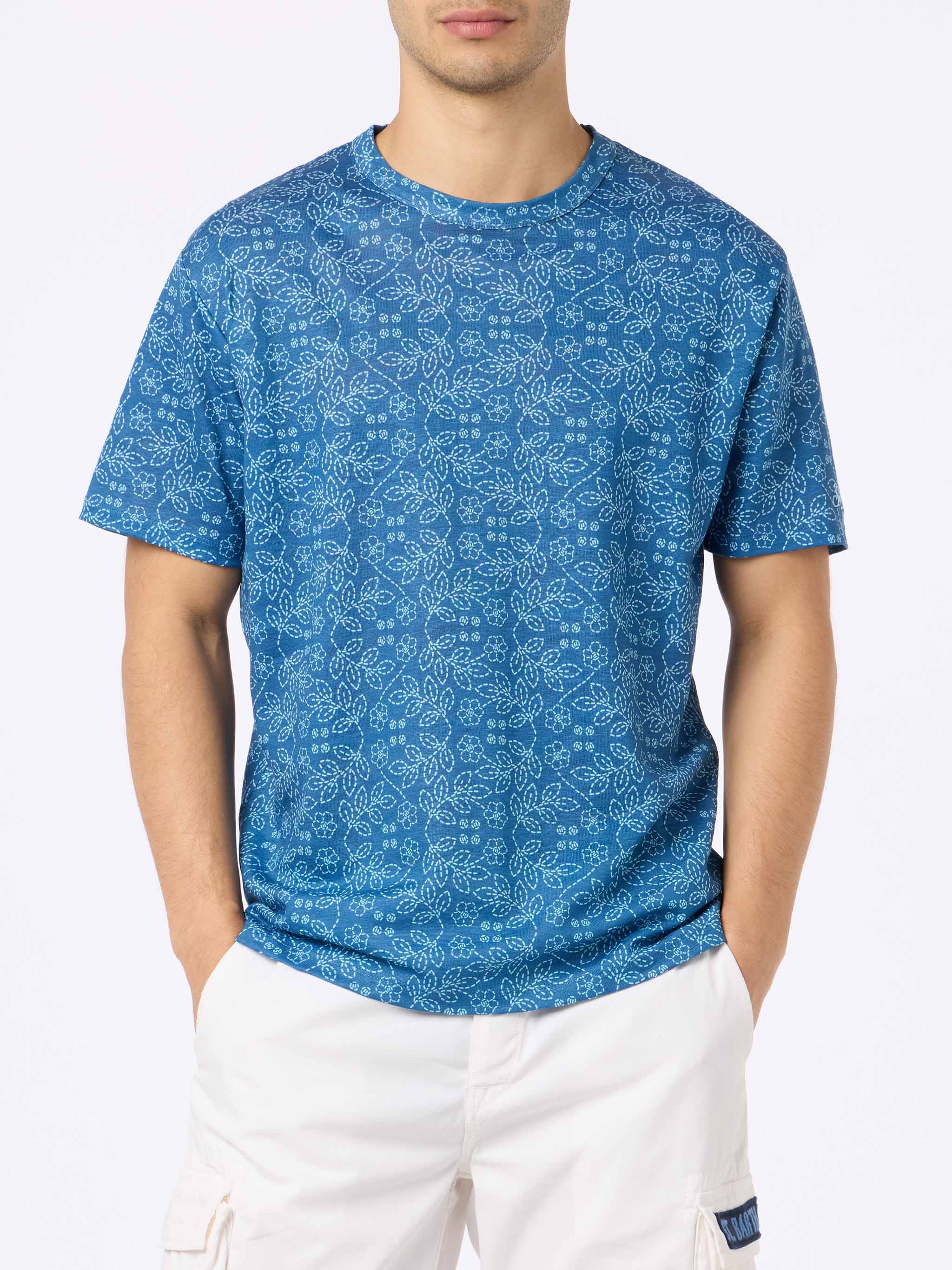 Camiseta de punto de lino azul para hombre de Ecstasea con estampado sashiko