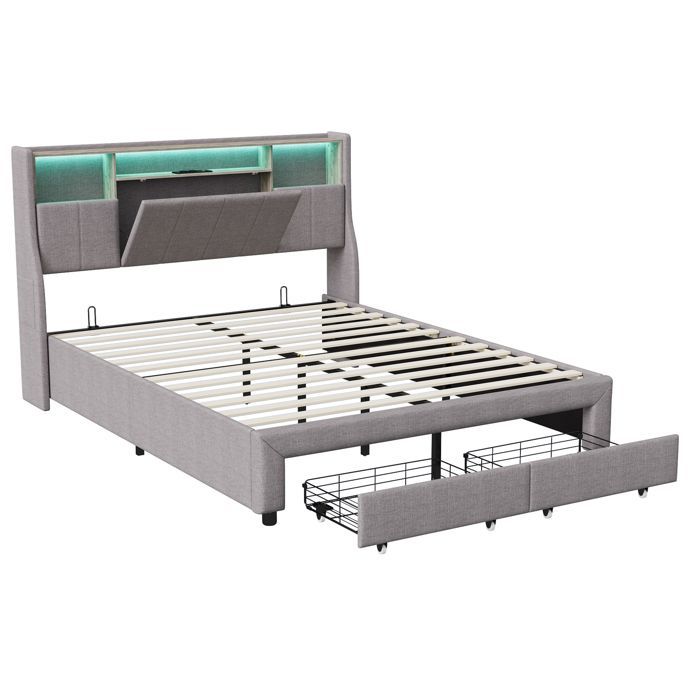 Letto matrimoniale 160 x 200 cm, letto per adulti 160x200 cm con 2 cassetti, con illuminazione a LED, struttura letto, testiera con contenitore, materiale in lino, grigio