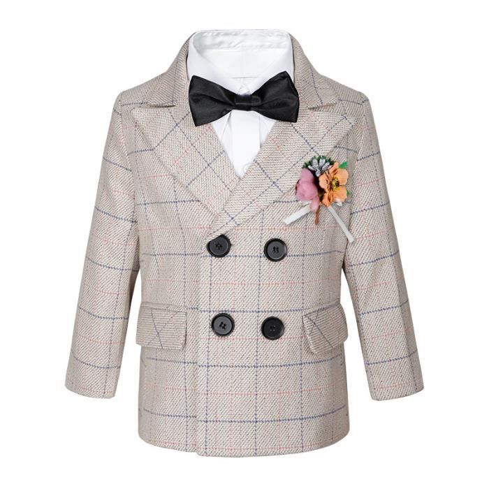 Conjunto de 5 piezas para bebés varones, traje a cuadros, esmoquin, para noche, ceremonia, boda - Caqui
