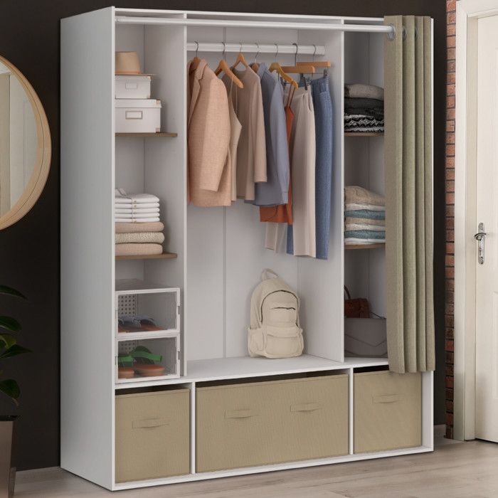 IDMARKET DIANE dubbele kledingkast 140 x 45 x 167 cm wit met planken + opbergdozen + taupe gordijn