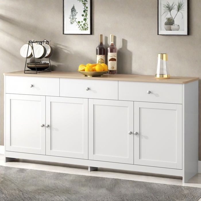 Modern dressoir, laag dressoir, bijzettafel met 3 lades en 4 deuren, opbergkast, keukenkast, 160x37x75cm, wit, voor woonkamer, keuken