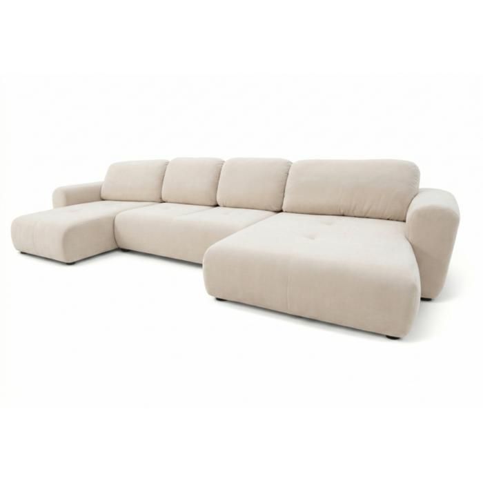 Sofá cama esquinero panorámico Binigia U XL de 6 plazas – Tejido de terciopelo beige – 380 cm