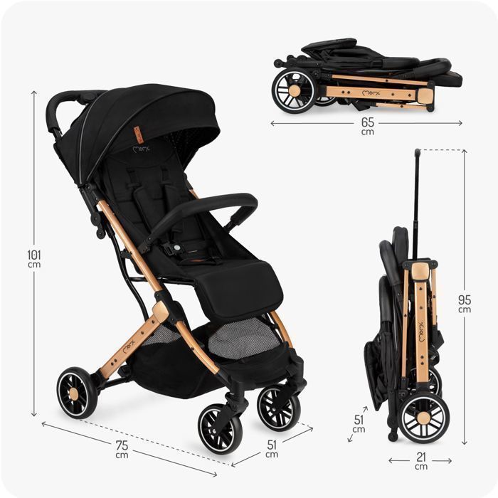 MoMi ESTELLE – Poussette Bébé Ultra Compacte – Légère 7,7 kg – Pliage à Une Main – Guidon Valise – Noire