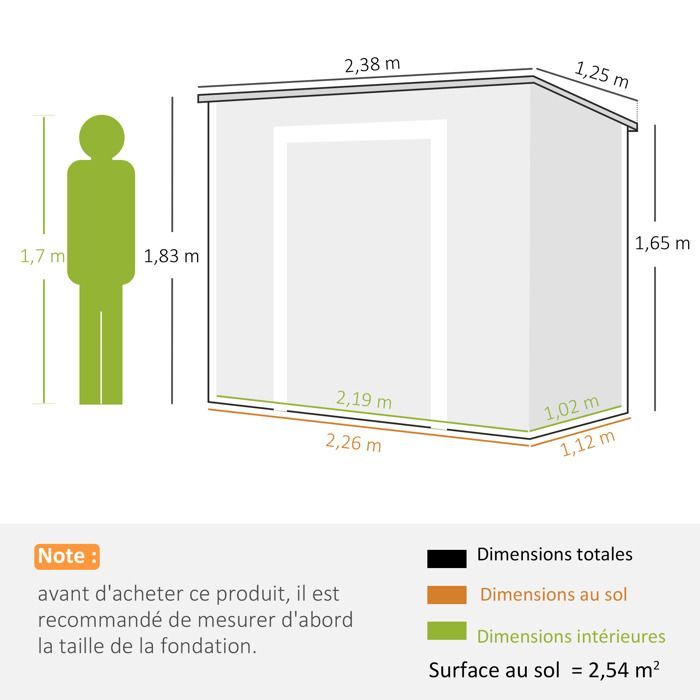Caseta de jardín exterior - Outsunny - 2,4 x 1,3 m - con suelo - ventana - puertas con cerradura y ventilación - gris