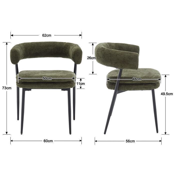 Conjunto de 2 cadeiras de jantar Wahson em chenille, confortáveis e modernas para sala de estar, cozinha e casa, na cor verde.