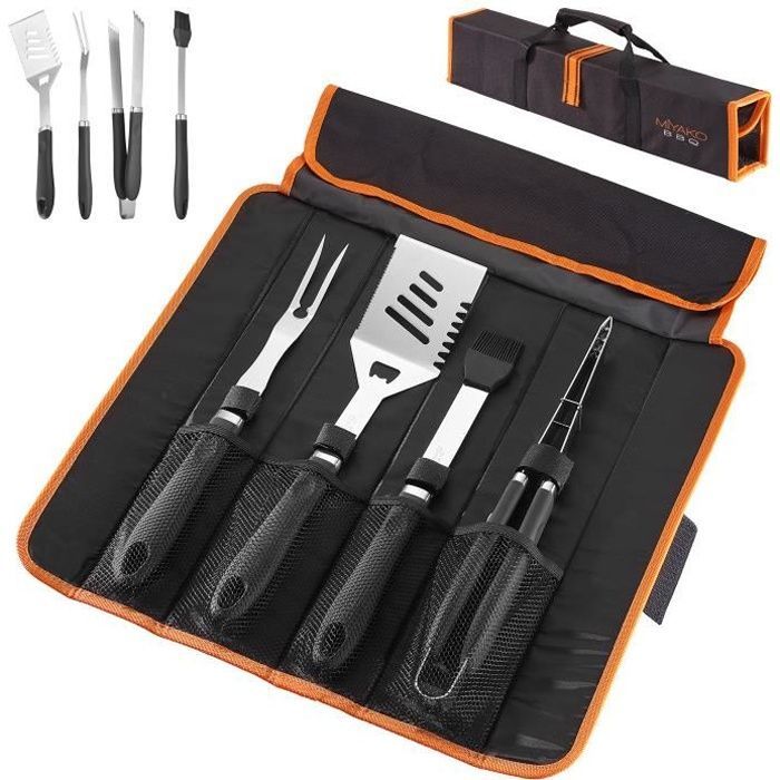 Conjunto de 5 peças de utensílios para churrasco - DEUBA - aço inoxidável - cabos antiderrapantes - bolsa de transporte dobrável