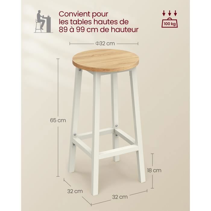 Tabouret de Bar - VASAGLE - Lot de 4 - Beige Chêne - Blanc - Siège Haut - Cadre en Métal