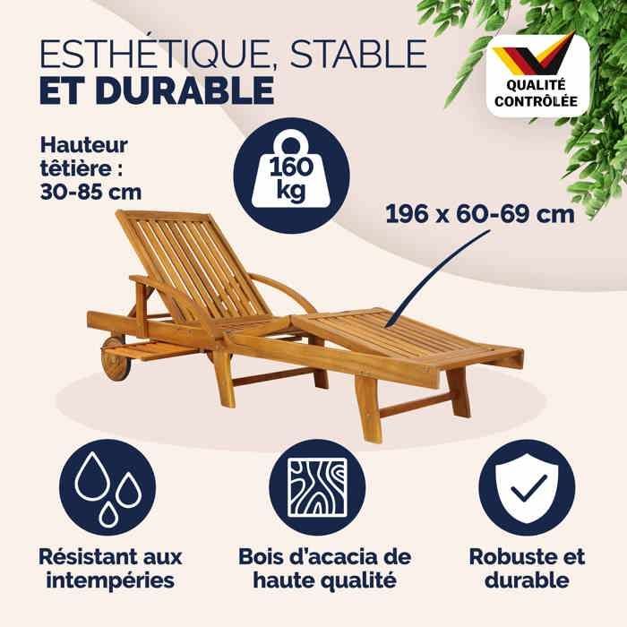 CASARIA® Tami Sun Lettino prendisole in legno di acacia con ruote per giardino e terrazzo