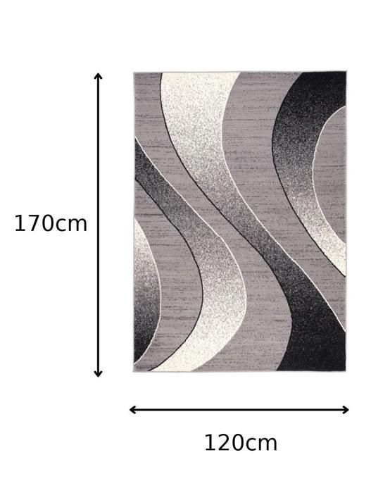 TAPISO DREAM Kurzflor-Wohnzimmerteppich, Grau-Schwarzes Wellenmuster, 100 % Polypropylen, für den Innenbereich, 120 x 170 cm