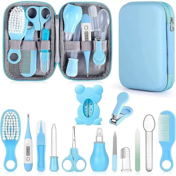 Trousse de soin bébé naissance,trousse de toilette bébé avec 13 accessoires essentiels,brosse à cheveux, thermomètre digital et bain