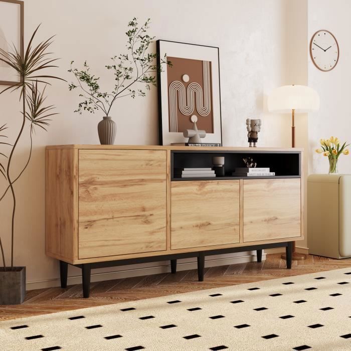 Aparador de estilo industrial, armario de pasillo de 3 puertas, mueble de cocina con estante, 160x35x76cm, madera natural rústica.
