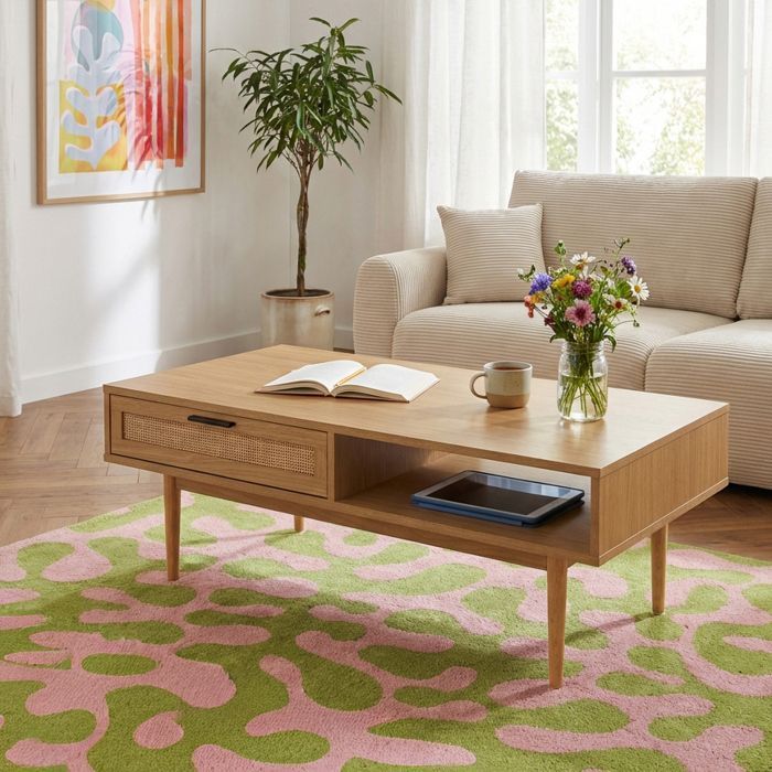 Mesa de centro AMANA con efecto roble y estructura de ratán, 115 cm - Madera
