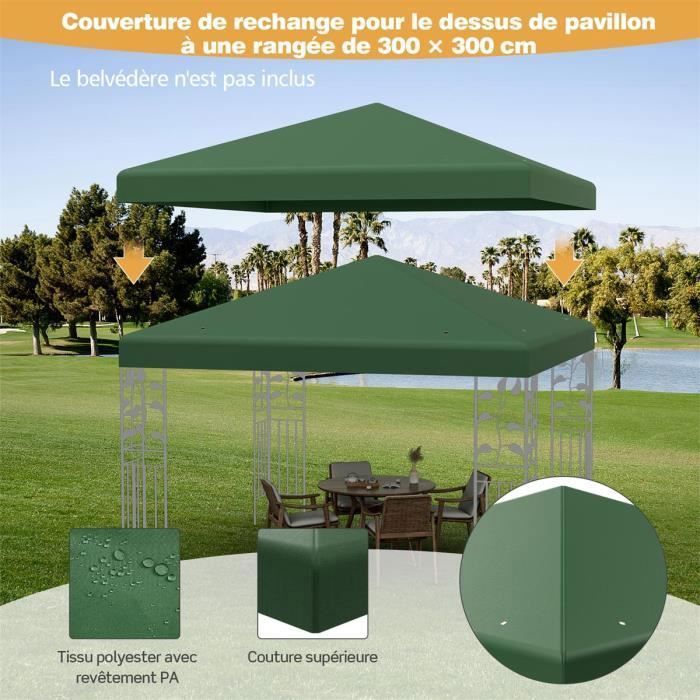 Toldo de repuesto COSTWAY para cenador, 3 m x 3 m, poliéster impermeable con orificios de drenaje y cierres de velcro, color verde.