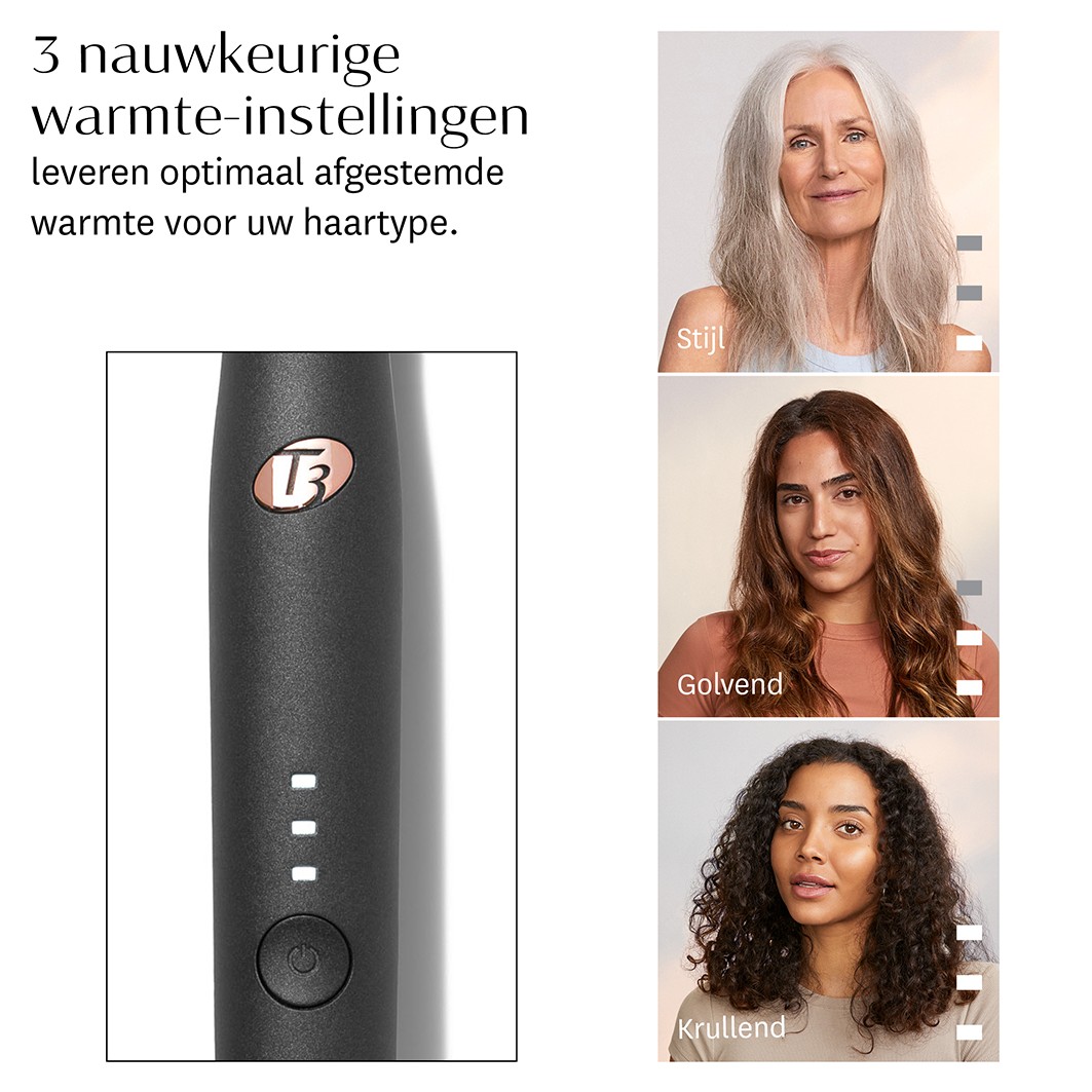 T3 Hårtørrerbørste med kant, varmebørste til glatning og styling - 1 stk.