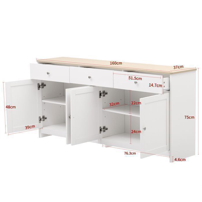 Buffet Moderne,Buffet Bas,Buffet bahut avec 3 tiroirs et 4 portes,Rangement,Armoire de Cuisine,160x37x75cm,Blanc,Pour Salon,Cuisine