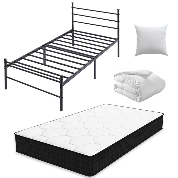 Conjunto de colchão Frixovel 90x190 e cama com cabeceira, edredom e travesseiro.