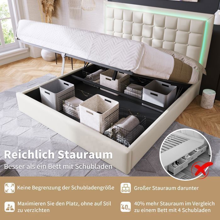 Letto matrimoniale con rete a doghe e contenitore integrato, materasso imbottito, lampada a LED inclusa, dimensioni 180x200 cm.