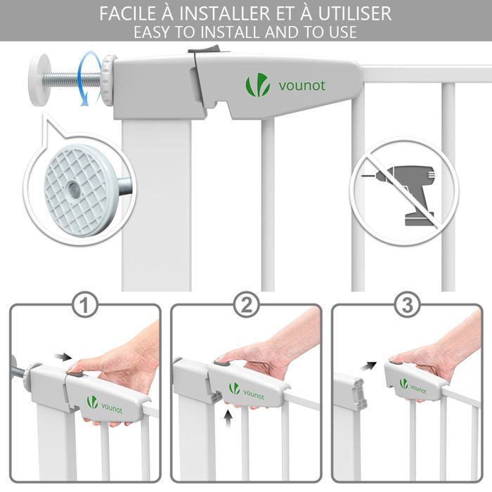 VOUNOT® Barrière de sécurité en métal - 100 à 108 cm - Sans perçage - Fermeture auto et magnétique, double verrouillage - Blanc