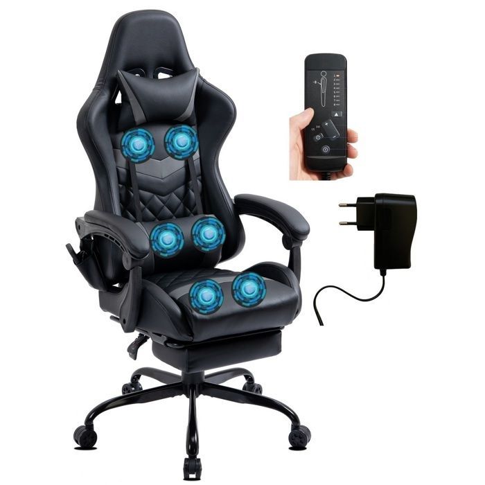 Chaise Gaming Ergonomique Similicuir avec Repose-Pieds et Massage 6 Points, Dossier Inclinable, Base Métal Delman Gris