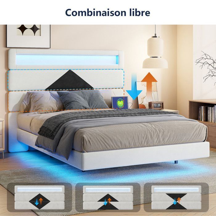 Lit double 140x190 cm - Beige - Éclairage LED - Tête de lit réglable - USB intégré