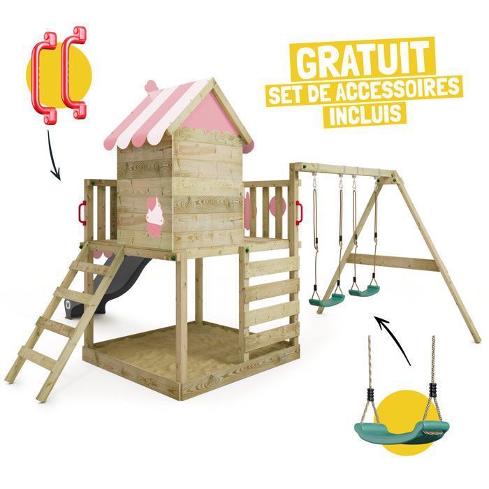 WICKEY Smart Candy Holzspielbereich mit 220 cm langer anthrazitfarbener Rutsche, Doppelschaukel und Spielhaus – 10 Jahre Garantie*