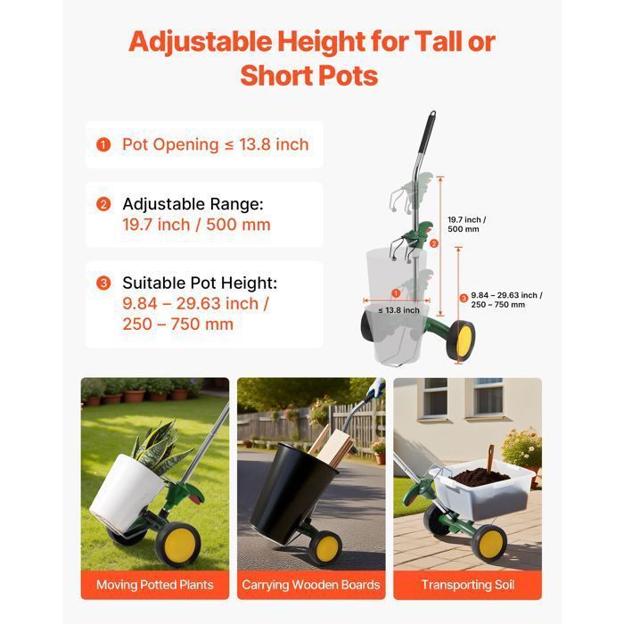 Carro/carretilla para macetas - DUOKU - RH-75 - Capacidad de carga 65 kg - Ruedas Ø190 mm - Brazos de garra ajustables
