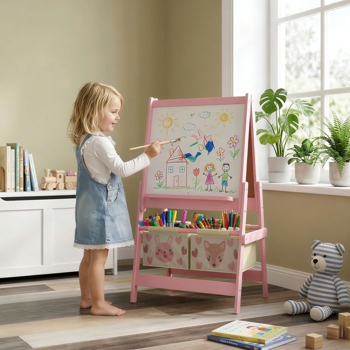Children's Easel Board - AIYAPLAY - Double-Sided - Whiteboard - Chalkboard with Paper Roll - 2 Baskets - Pink
