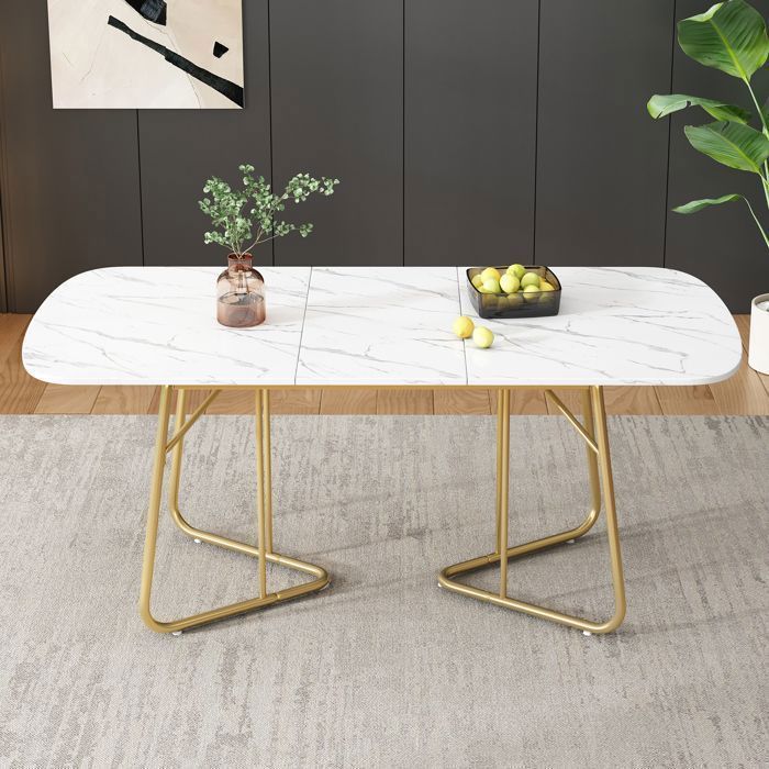 Mesa de comedor extensible Lemonbest de 140/180x80cm, blanca con base de mármol y exquisitas patas de metal chapadas en oro de lujo.