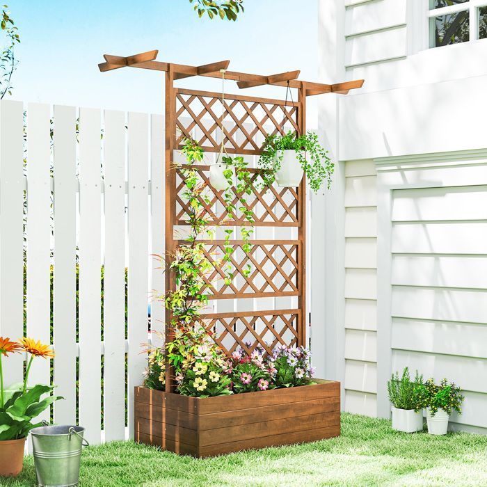 Raised Planter - Outsunny - with trellis, roof bars, drainage holes, non-woven fabric - natural wood effect