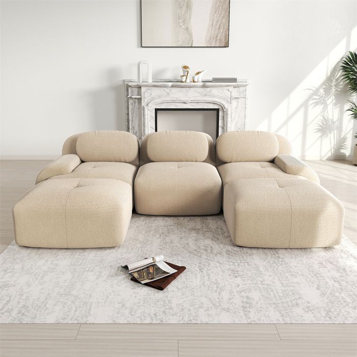 DRIPEX Modulær 3-personers U-formet sofa - Corduroy - med 3 puder og 2 fodskamler - 298x178x75cm - Beige