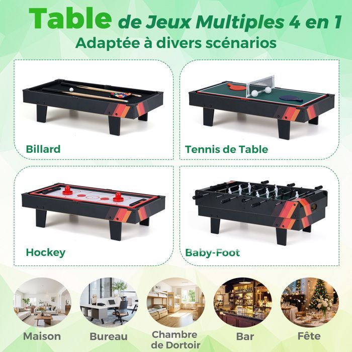 COSTWAY 4-in-1 Tischfußballtisch – Billard, Tischtennis, Hockey – Komplettes Zubehör – Stapelbare Spielfläche – 81 x 43 cm – Für Zuhause und Bar – Schwarz