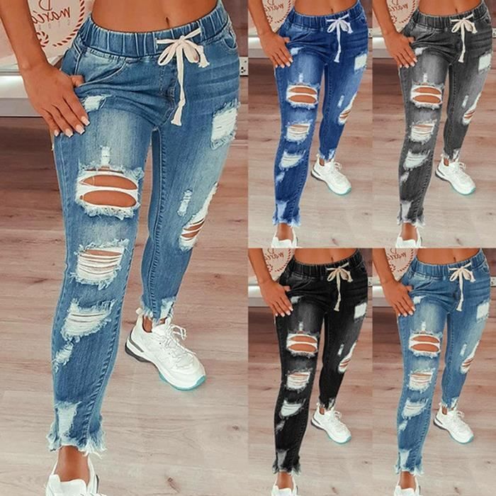 Pantalones vaqueros para mujer - FUNMOON - Cintura elástica con cordón ajustable - Gris - Corte ajustado - Estilo casual/urbano/para exteriores