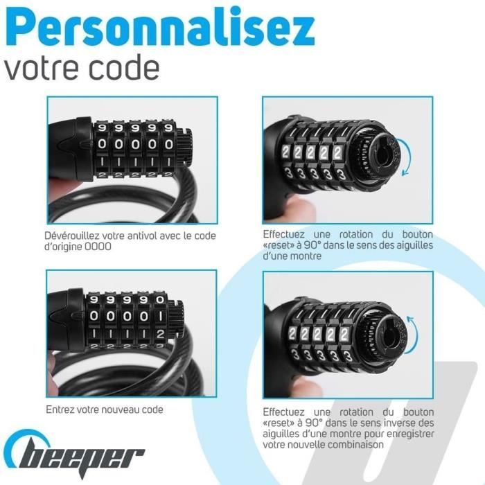 Scooter and bicycle lock - BEEPER - 60cm cable - 4-digit code - Blue