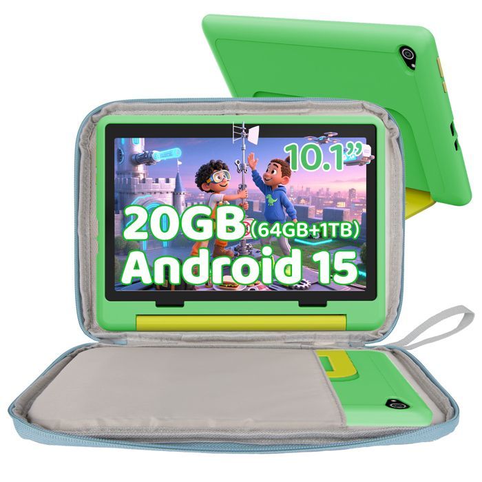Tablette pour Enfants Éducative, 20(3+17)Go RAM, 64Go + 1 To Extensible, Écran HD, avec Kid-Proof Étui Vert et Sac d'ordinateur Bleu