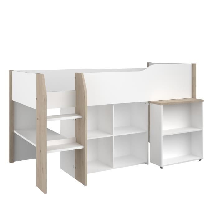 Cama infantil combinada con escritorio retráctil - PARISOT - LIAM - Blanco y roble - Base de láminas incluida - 90x200 cm